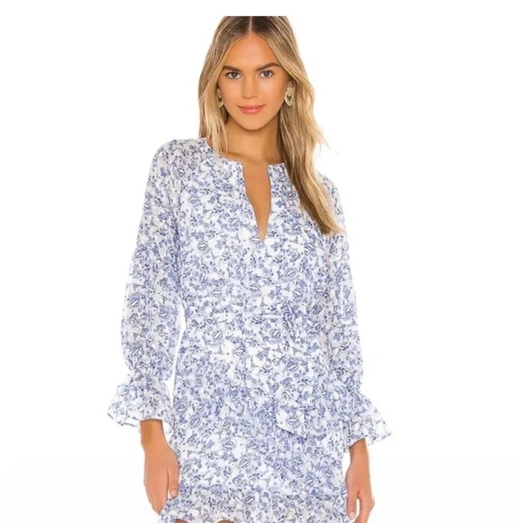 Tularosa Serafina Floral White Blue Long Sleeve Romantic Mini Dress Size L - Picture 2 of 7